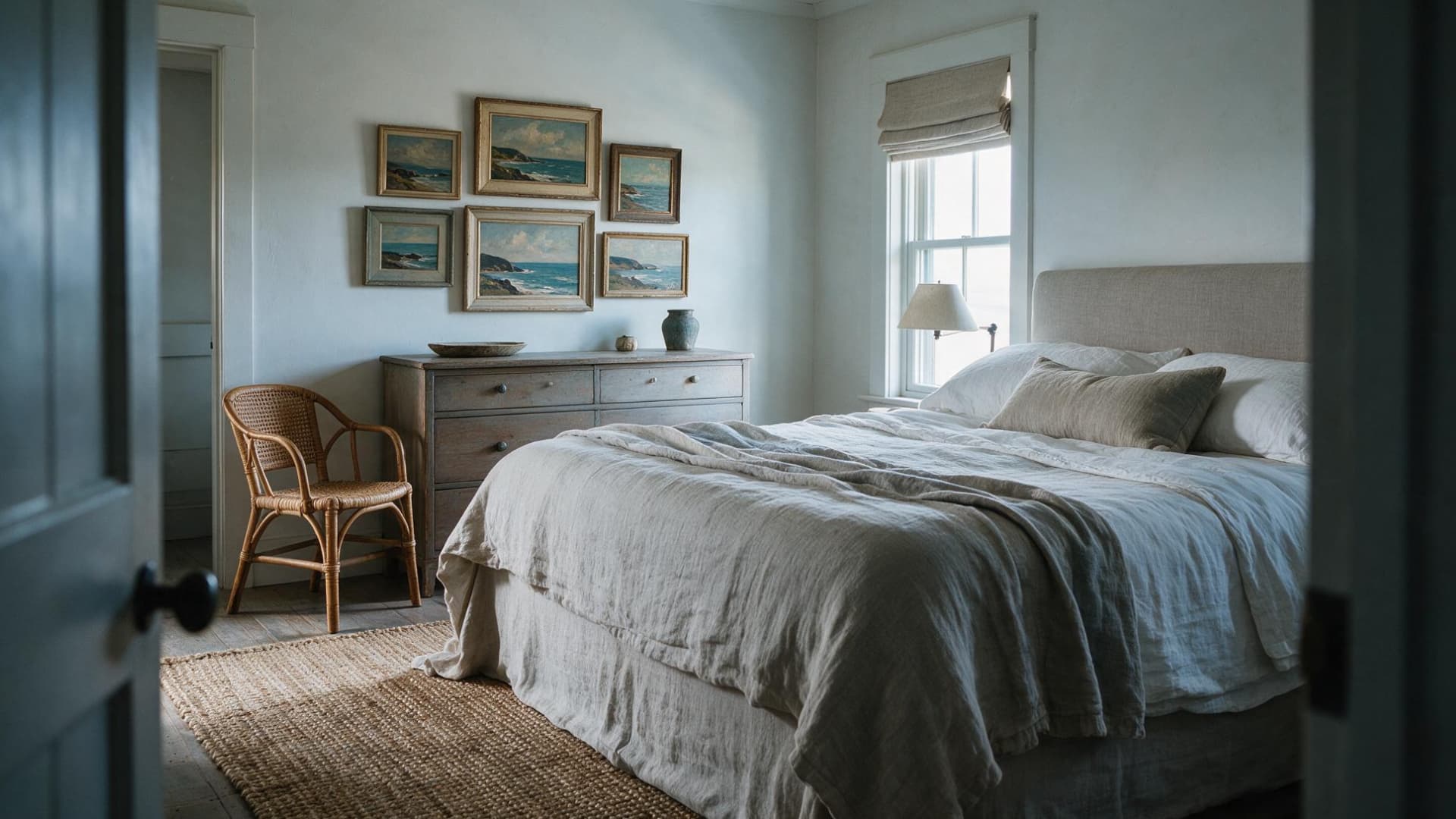 six vintage coastal landscape paintings in gold frames arranged above a weathered wood dresser nearby