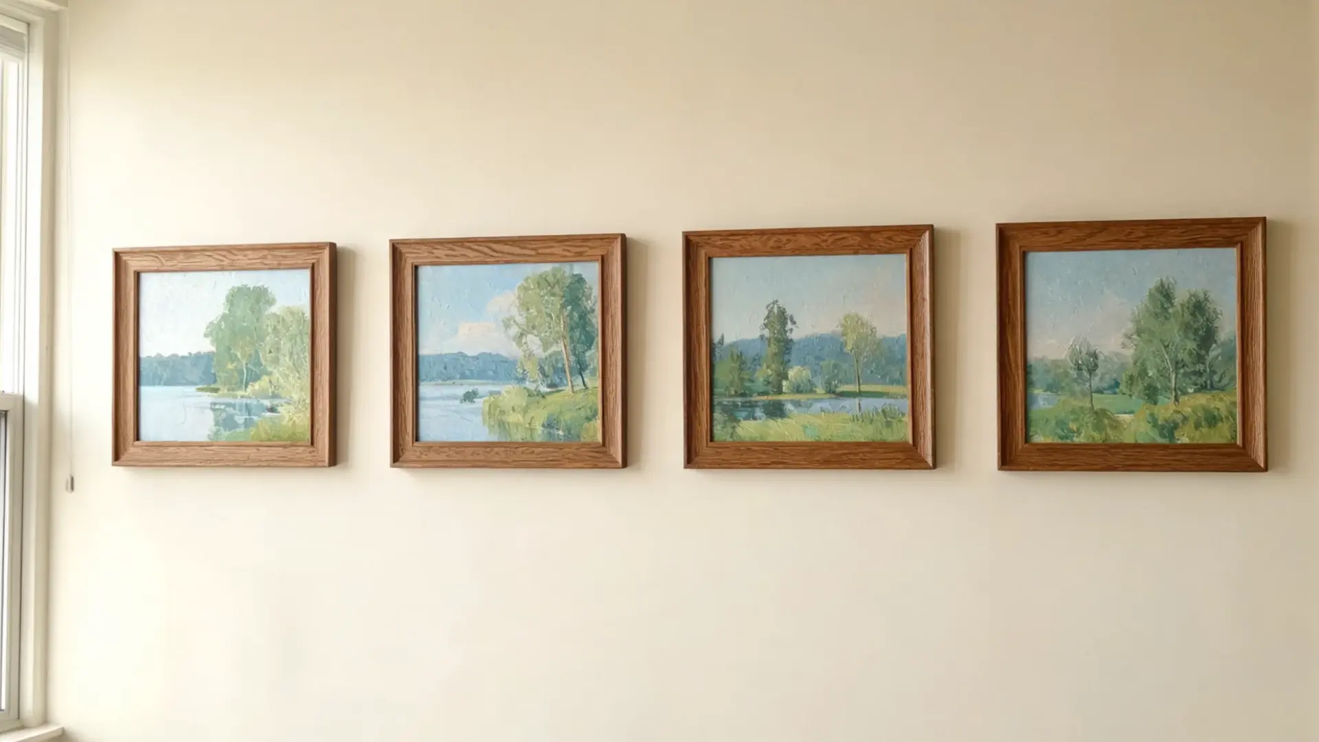 four wood framed landscape paintings with lake and tree scenes hung in a row on a plain wall