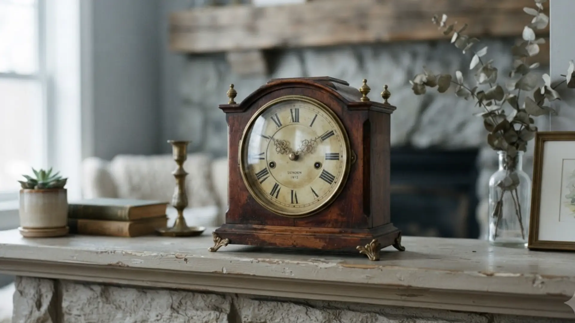 wood and brass antique clock with roman numerals and finials sitting on a weathered mantel