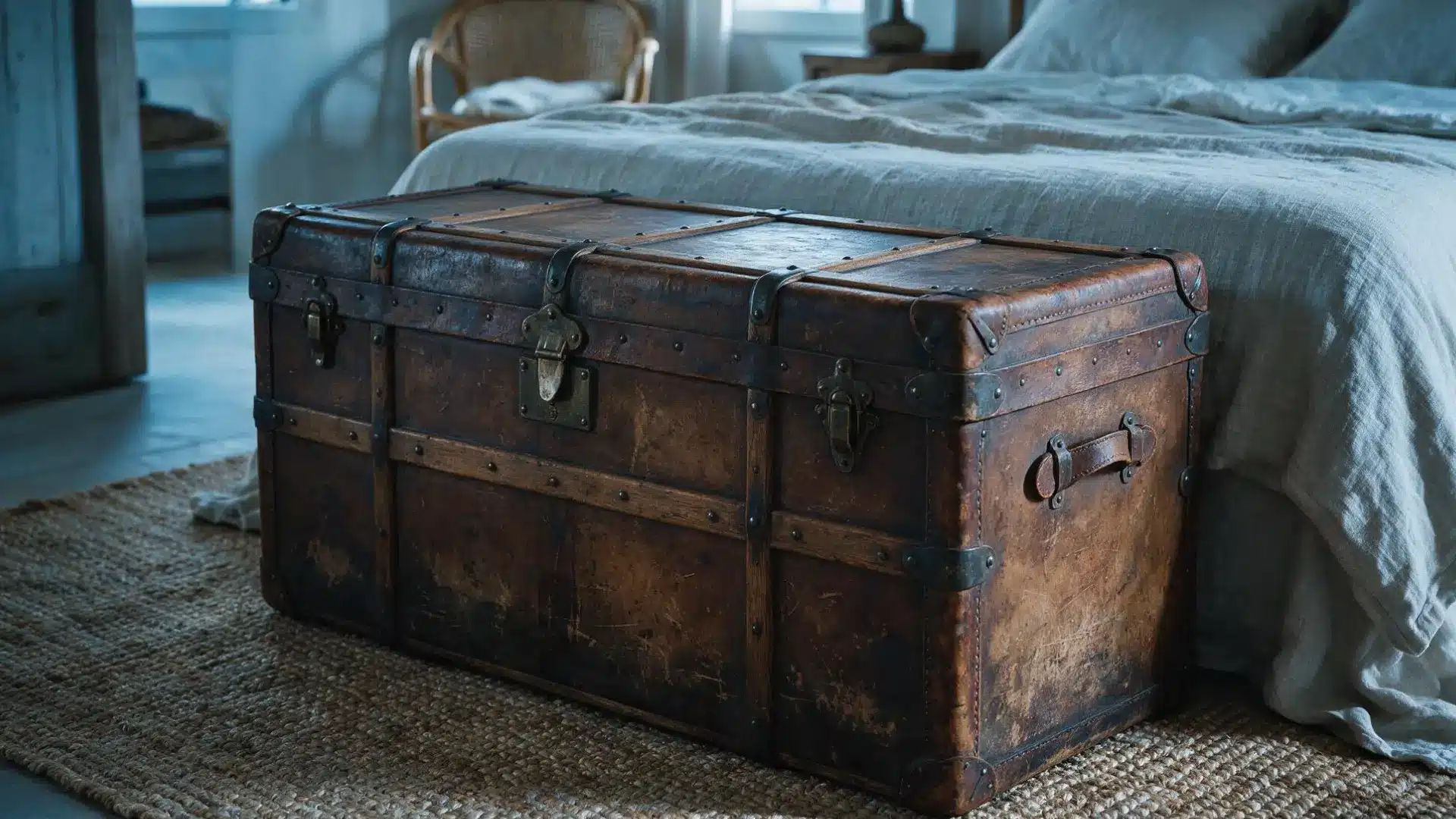 weathered leather vintage trunk with brass hardware used as storage at the foot of a bed on a woven jute rug nearby