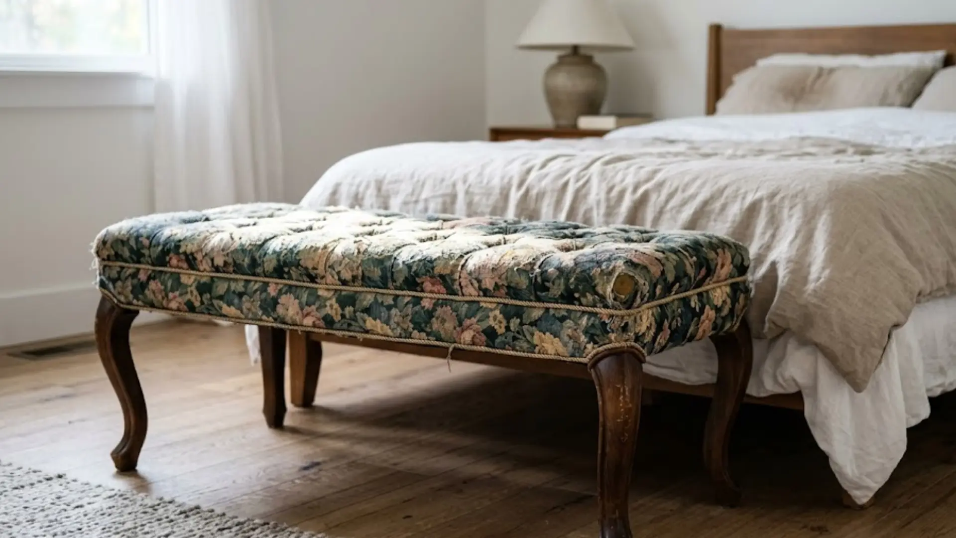 worn floral upholstered bench with curved wood legs placed at the foot of a linen dressed bed