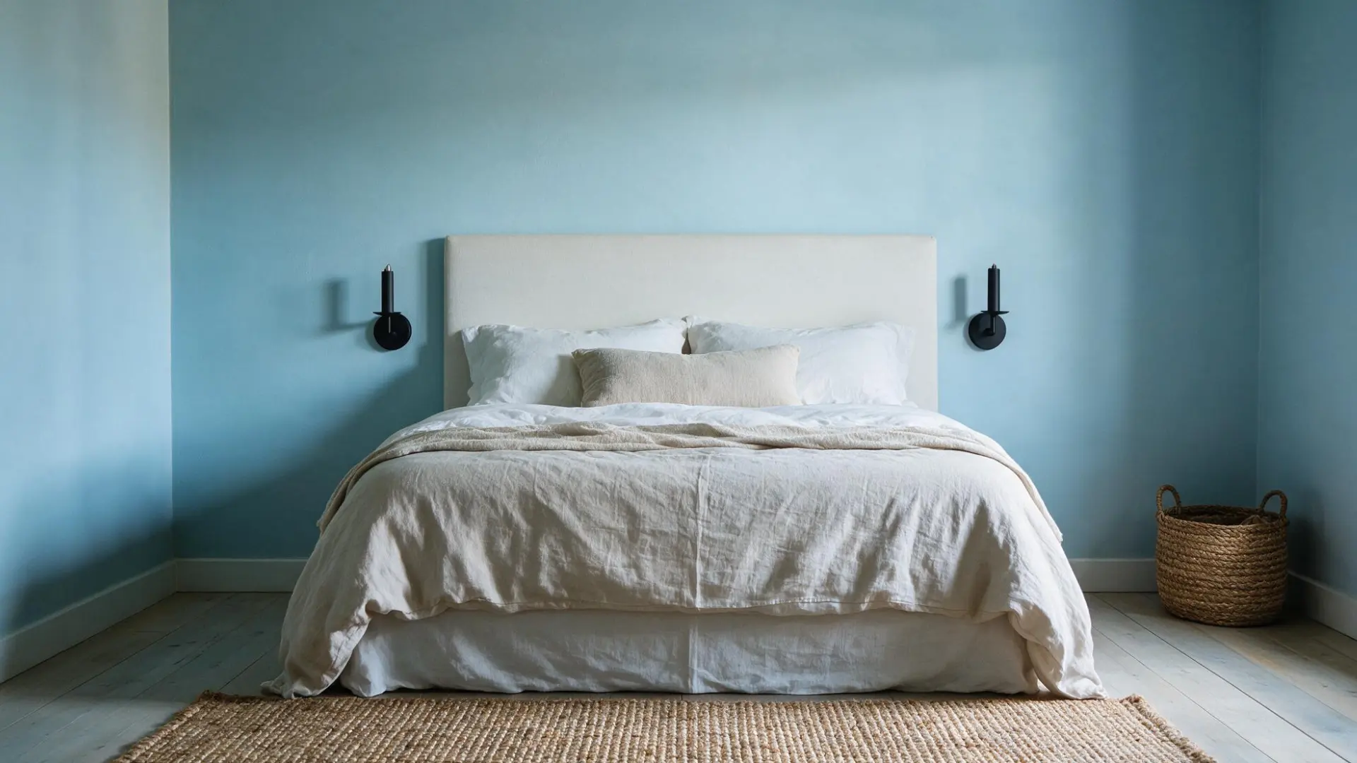 black wall mounted bedside sconces flanking a cream upholstered headboard with soft white linen bedding