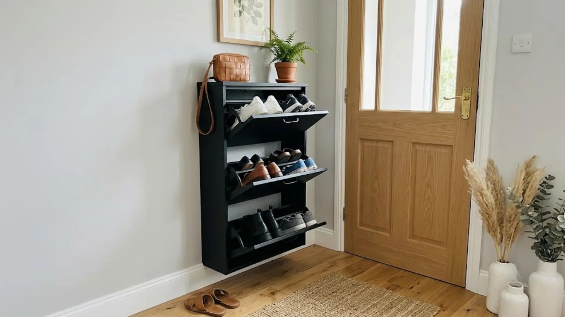 black wall mounted shoe cabinet with tilt out drawers holding sneakers loafers and boots near entryway door