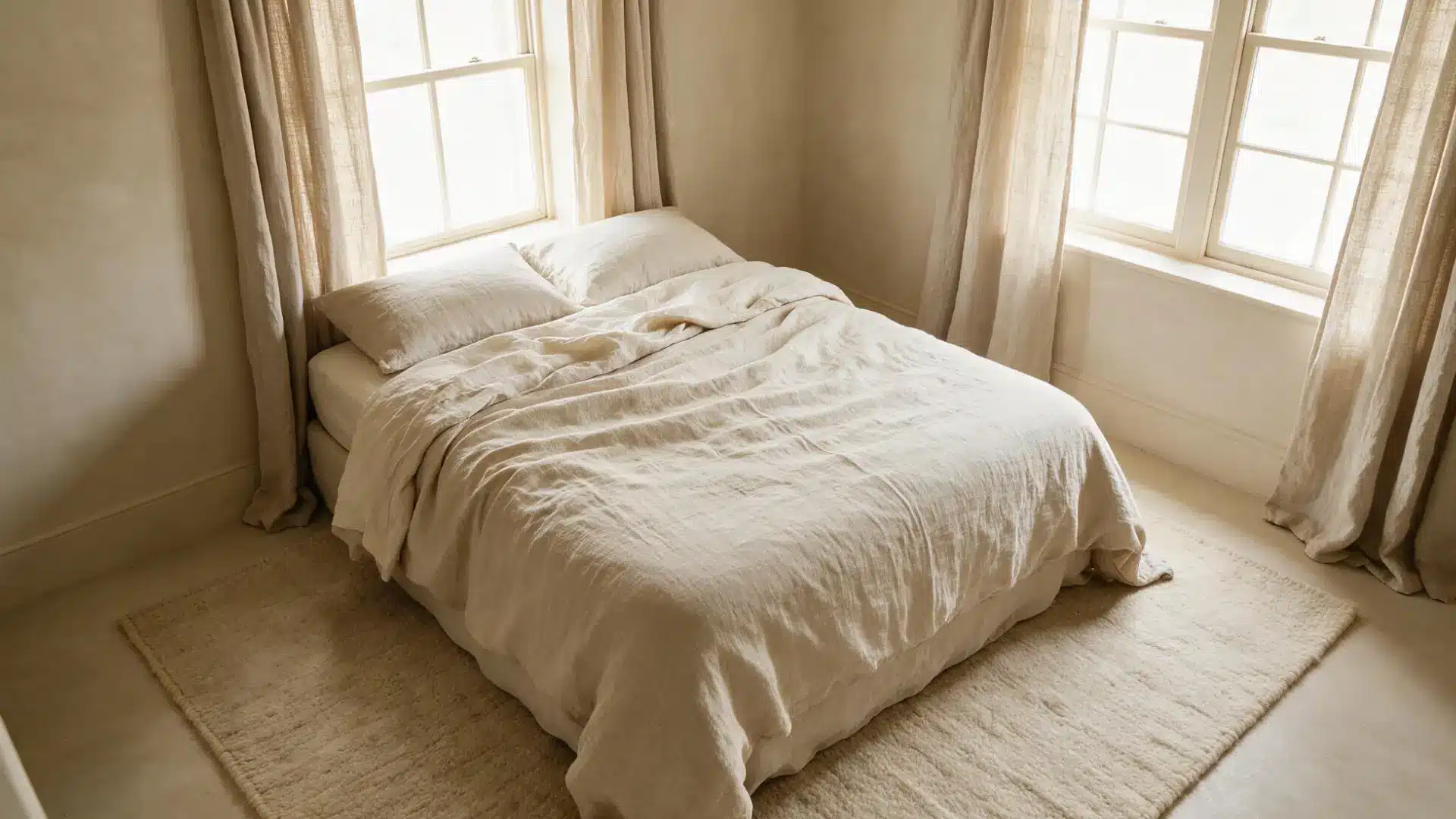 warm sand and cream monochrome bedroom with soft linen bedding and a woven jute area rug beneath a sunlit window