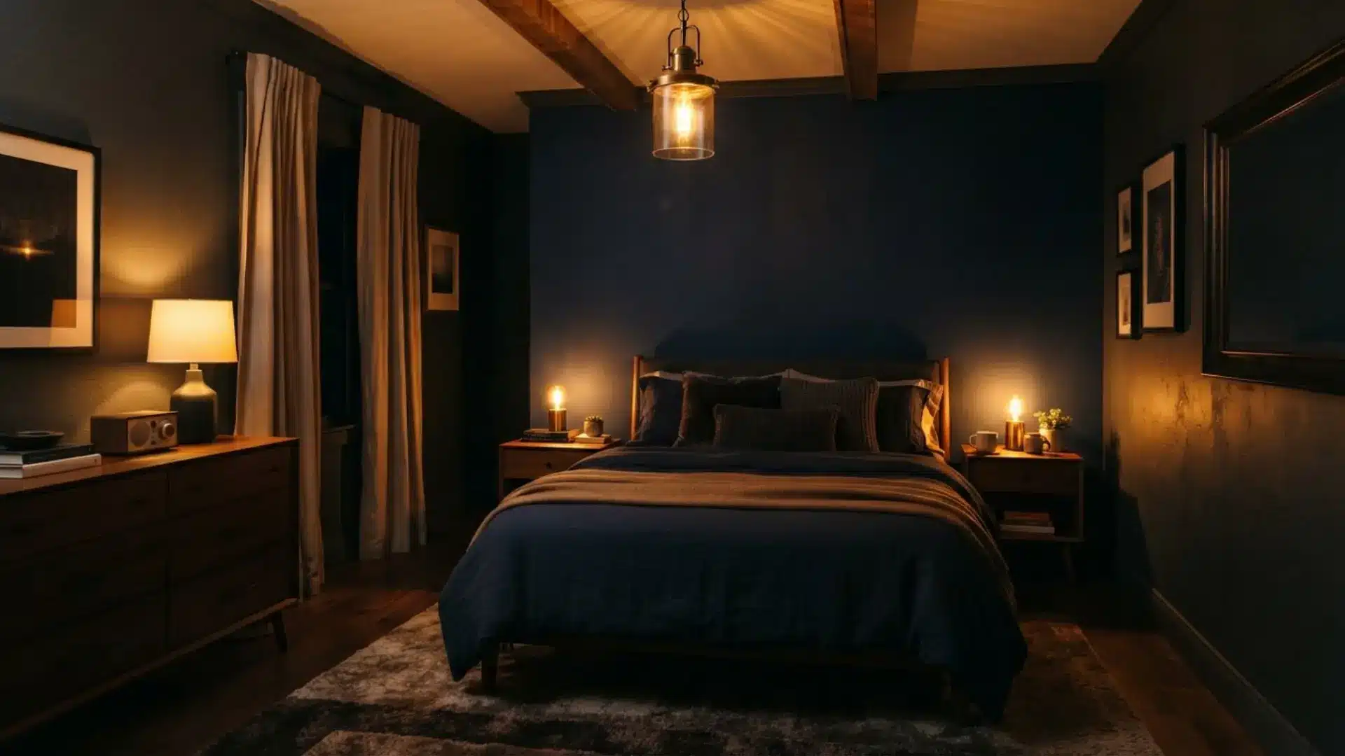 bedroom with navy walls, wood furniture, layered warm lamps, and deep toned bedding