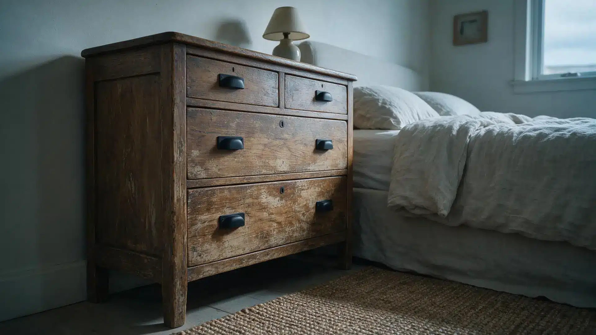 weathered wood dresser with dark metal drawer pulls beside a linen covered bed and a small ceramic lamp on the top