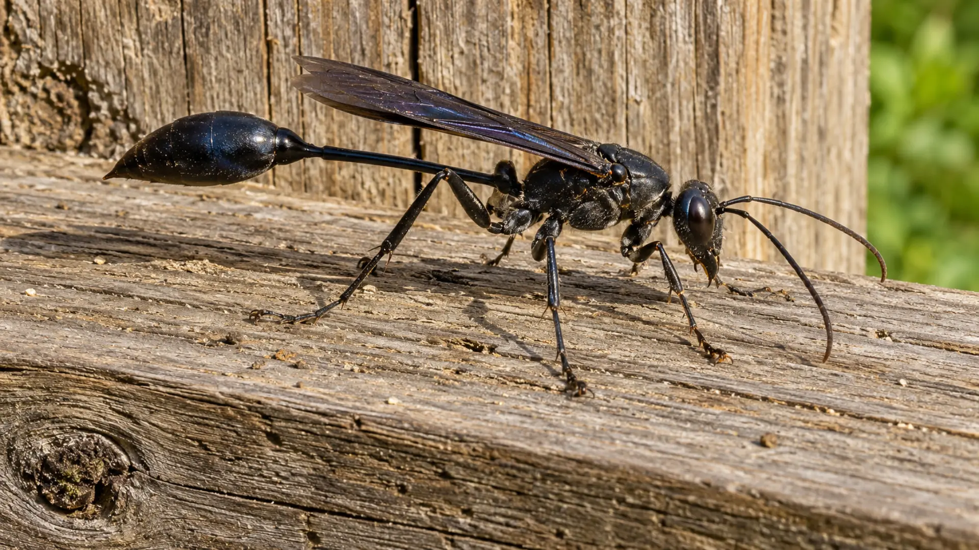 close-up of a mud dauber wasp showing its thin waist on a wooden porch beam
