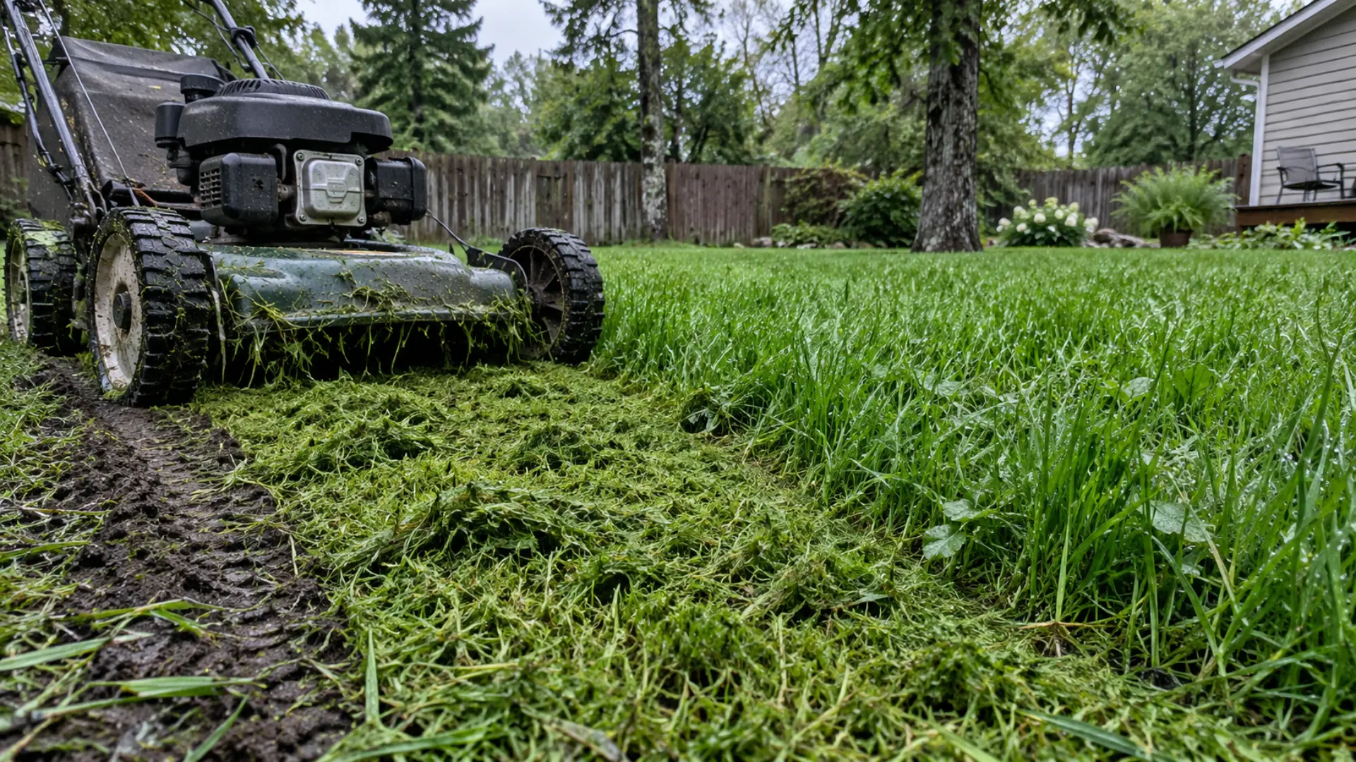torn wet grass blades and clumped clippings on a freshly mowed lawn strip
