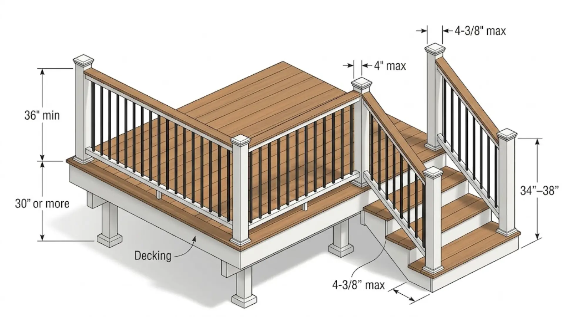 technical diagram of deck railing height codes showing 36 inch guardrail, 30 inch grade rule, and stair handrail dimensions
