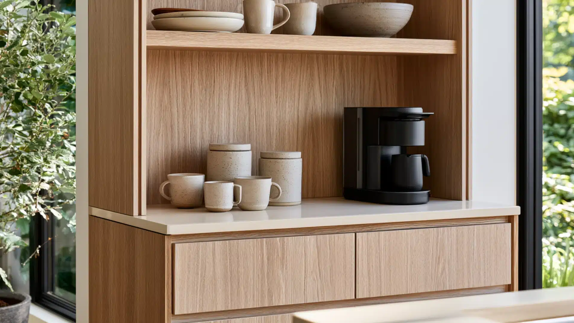 pale oak cabinetry and neutral ceramics displayed in a bright white coffee bar setup