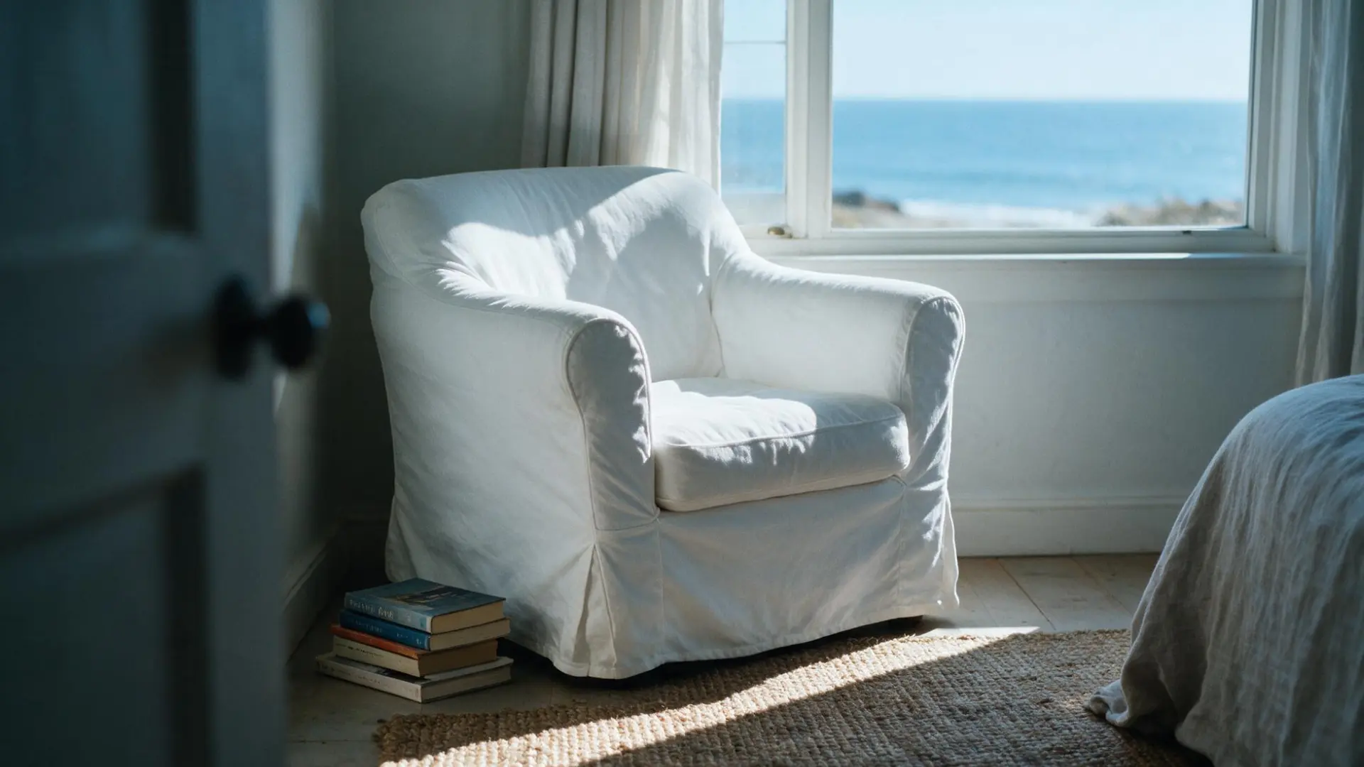 light wood nightstand with a woven cane front panel beside a bed with white linen bedding and a small ceramic cup on top