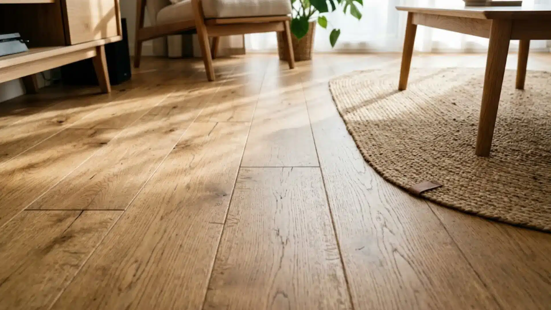 wide plank light wood flooring with visible grain running beside a round woven jute rug