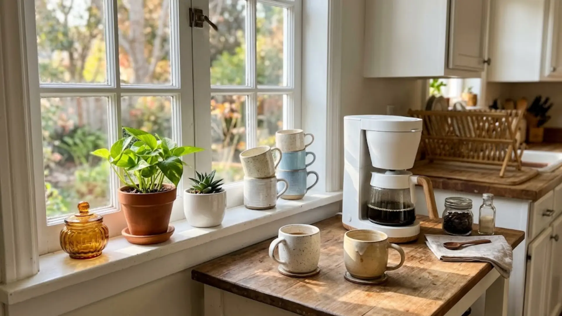 window side coffee bar with white coffee maker mugs potted plants and wood counter near sunny window