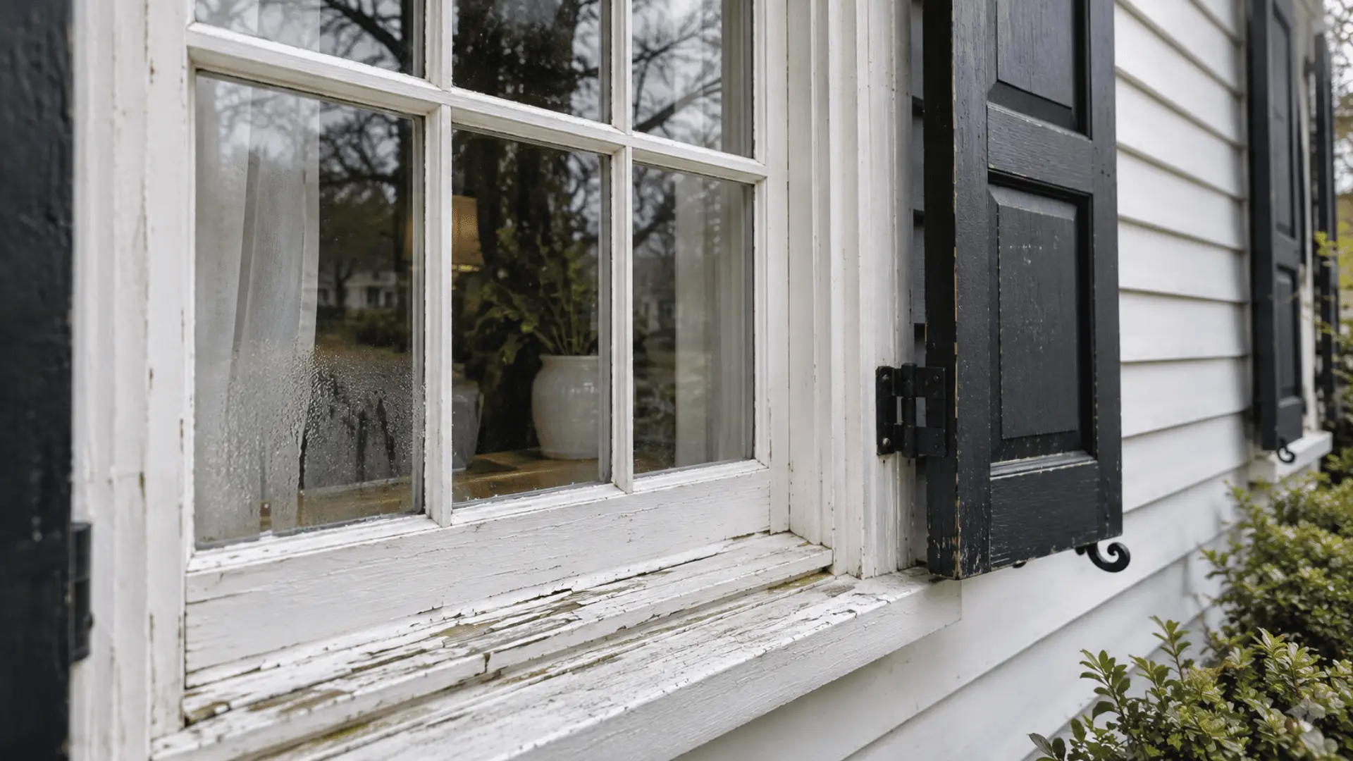 close-up of a colonial double-hung window with wood muntins and a folding shutter