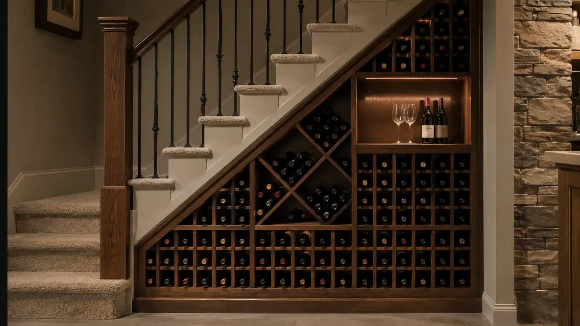 under stairs wine storage rack with diamond bins, wood cubbies, and a small lit glass tasting nook