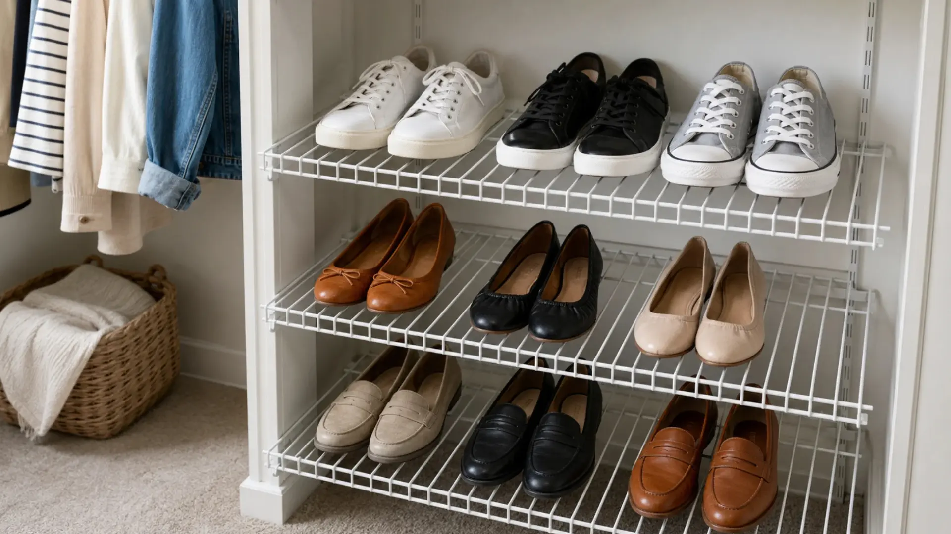 white wire closet shelving holding rows of sneakers flats and loafers arranged neatly