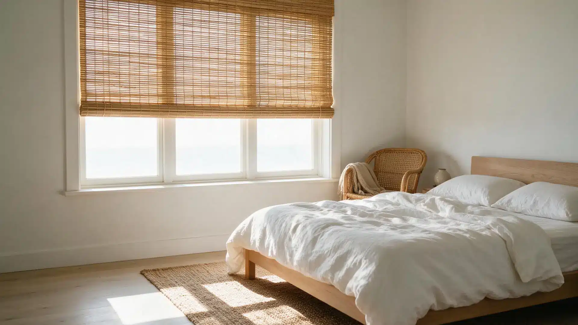 woven bamboo roman shade partially raised over a window beside a bed with soft white linen bedding