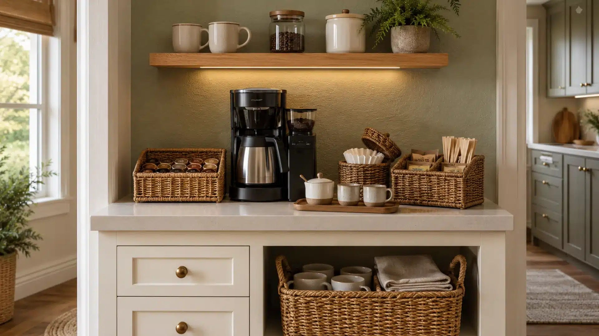 woven basket coffee bar with coffee maker grinder mugs filters and pods on white counter with shelf
