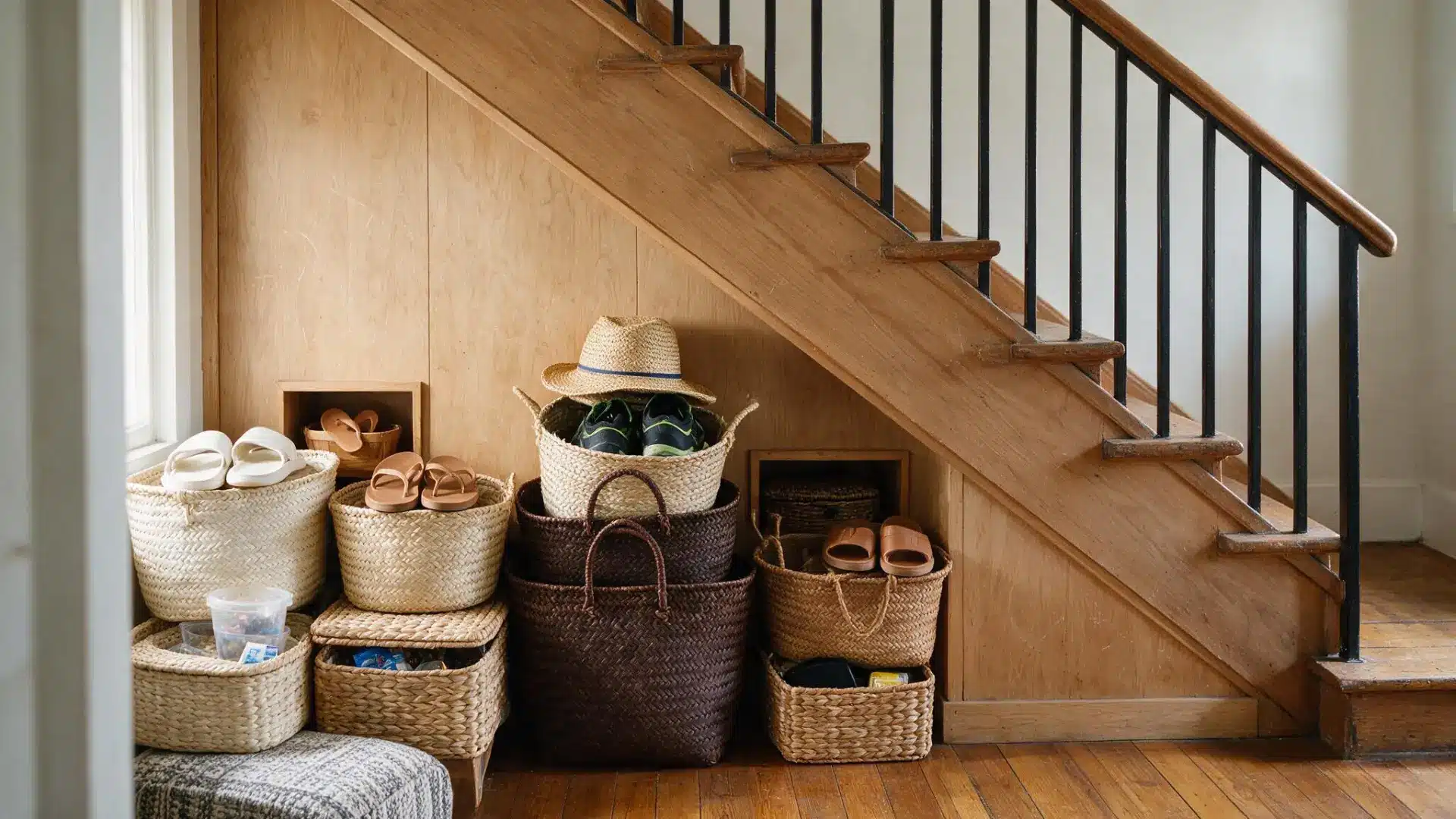woven baskets holding shoes and loose items stacked under a plain wooden staircase