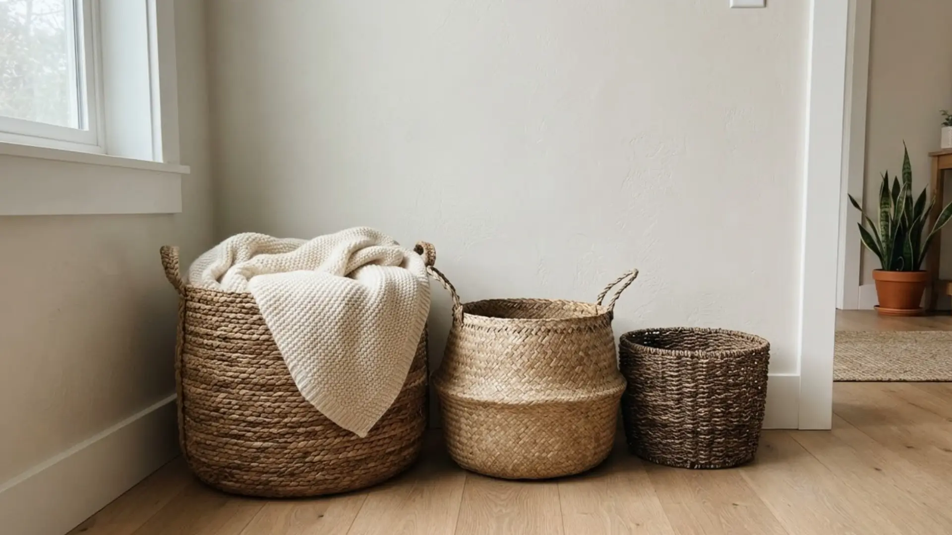 three woven baskets of varying sizes lined up together with one holding a folded cream blanket