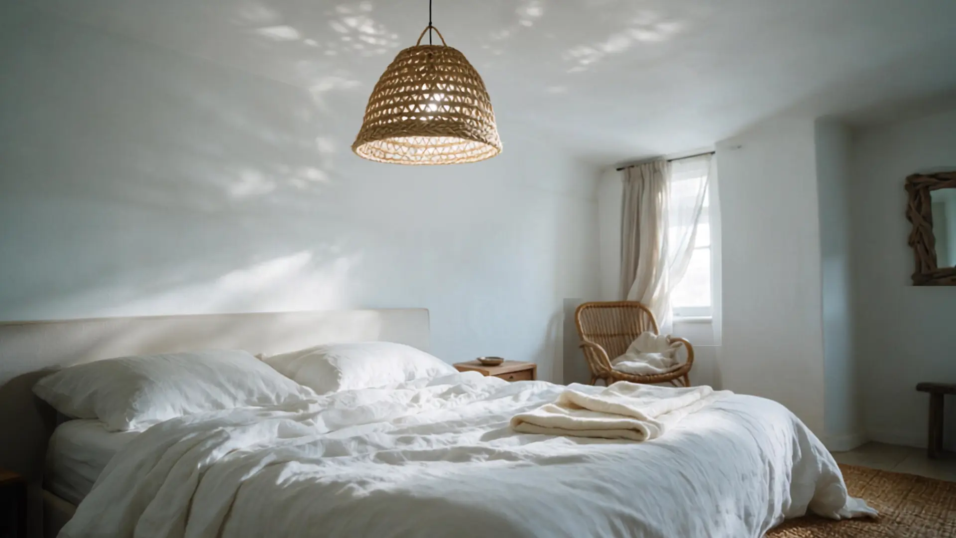 woven seagrass dome pendant light hanging above a bed with soft white linen bedding and pillows