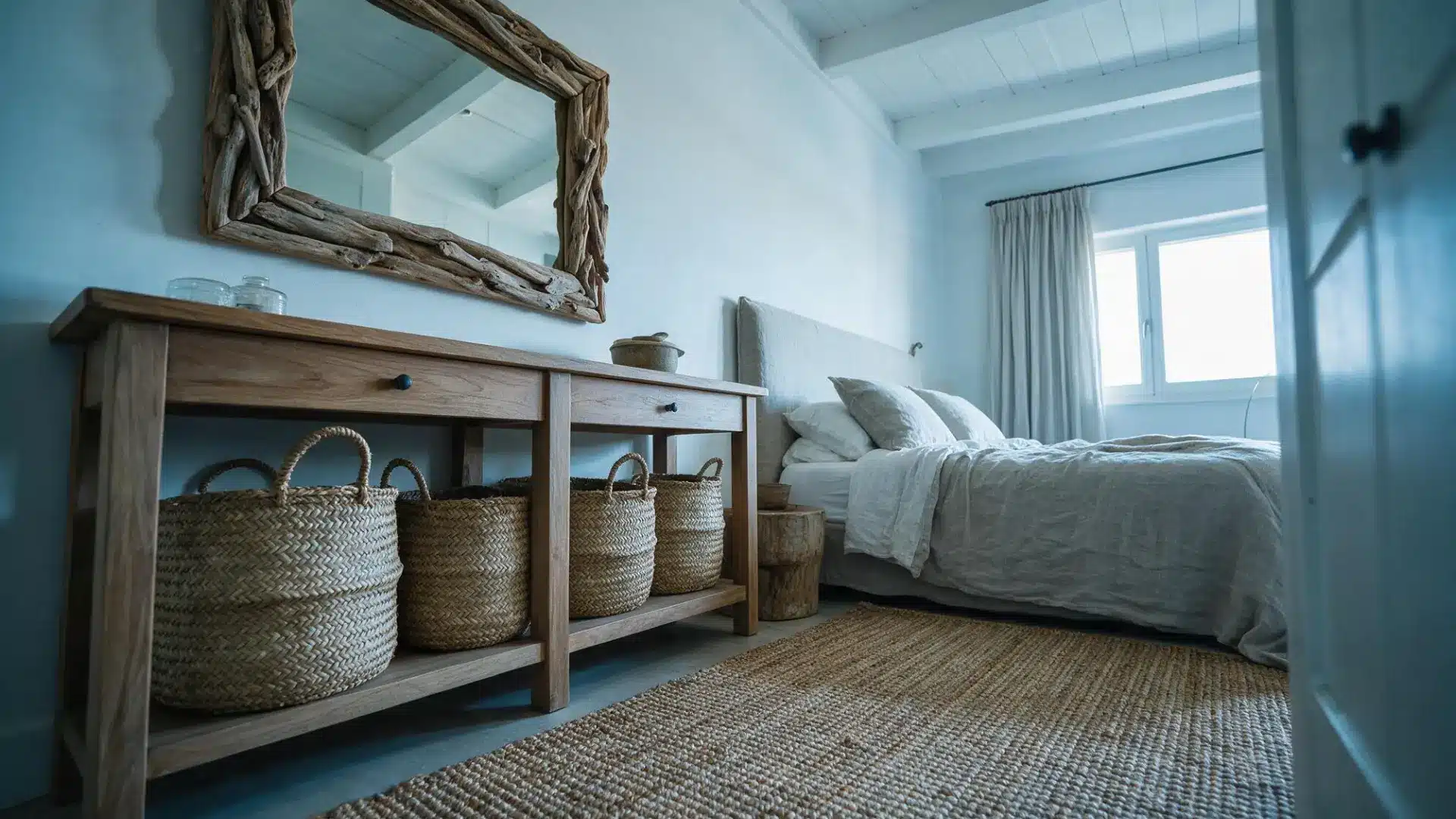 woven seagrass storage baskets tucked beneath a wood console table below a driftwood framed mirror